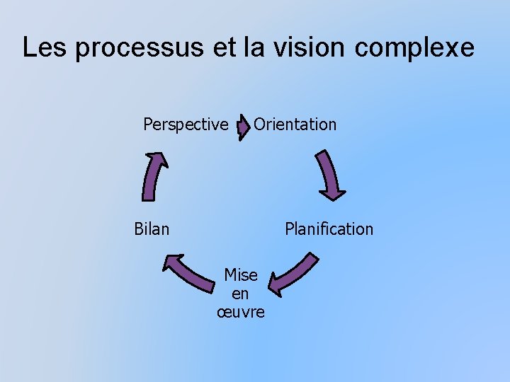 Les processus et la vision complexe Perspective Orientation Bilan Planification Mise en œuvre 