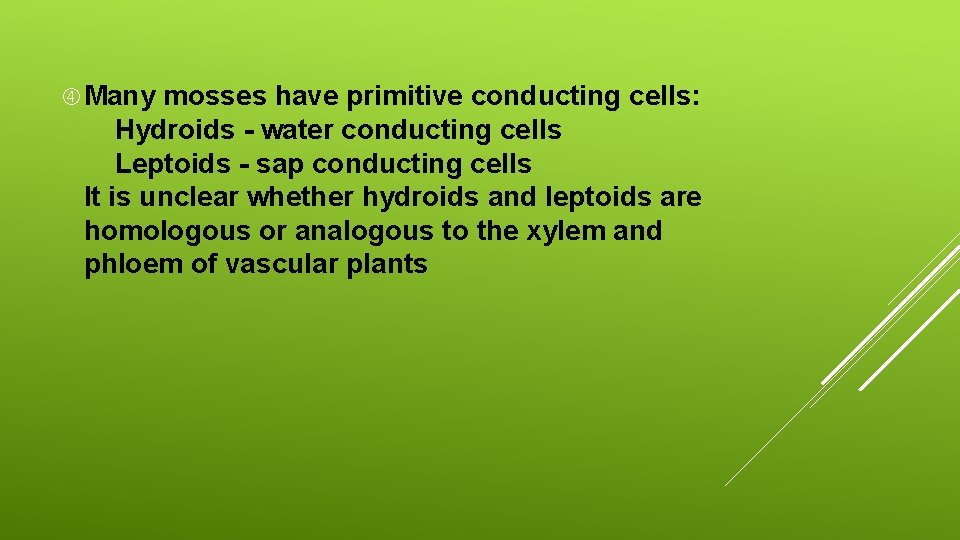  Many mosses have primitive conducting cells: Hydroids - water conducting cells Leptoids -