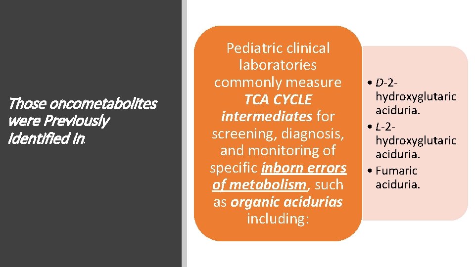 Those oncometabolites were Previously Identified in: Pediatric clinical laboratories commonly measure TCA CYCLE intermediates