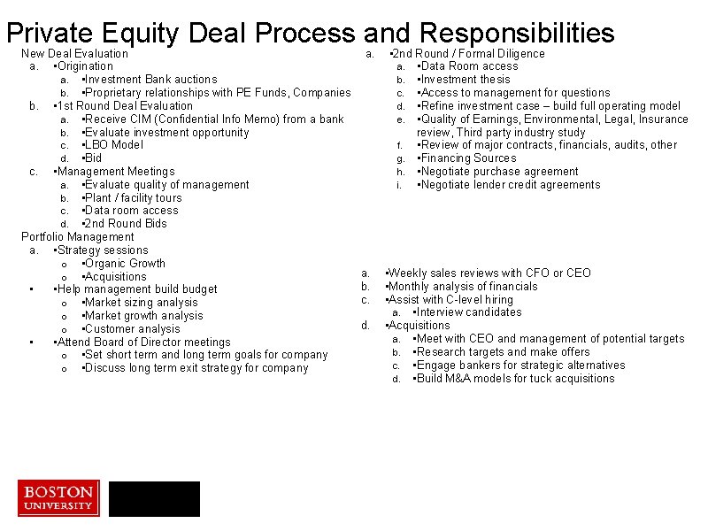 Private Equity Deal Process and Responsibilities New Deal Evaluation a. • Origination a. •