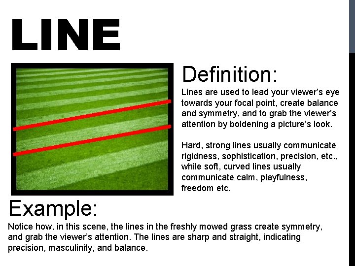 LINE Definition: Lines are used to lead your viewer’s eye towards your focal point,
