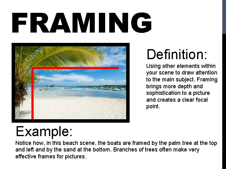 FRAMING Definition: Using other elements within your scene to draw attention to the main