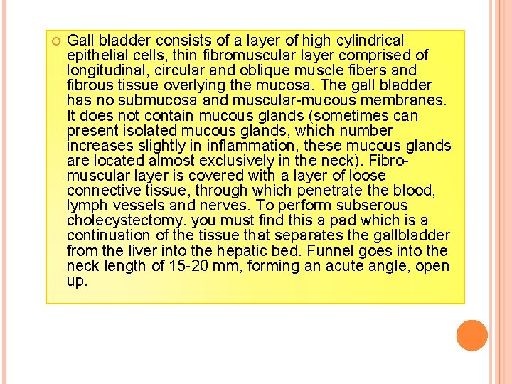  Gall bladder consists of a layer of high cylindrical epithelial cells, thin fibromuscular