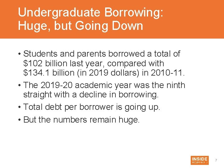 Undergraduate Borrowing: Huge, but Going Down • Students and parents borrowed a total of