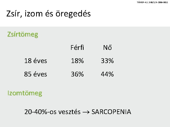 TÁMOP-4. 1. 2 -08/1/A-2009 -0011 Zsír, izom és öregedés Zsírtömeg Férfi Nő 18 éves