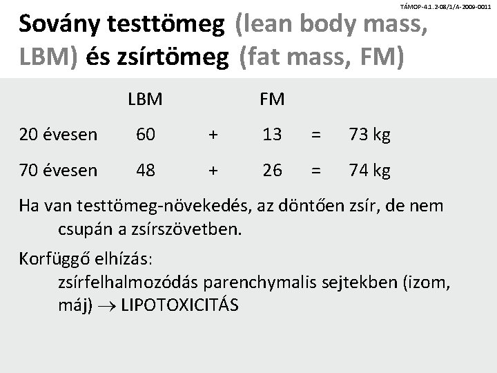 TÁMOP-4. 1. 2 -08/1/A-2009 -0011 Sovány testtömeg (lean body mass, LBM) és zsírtömeg (fat