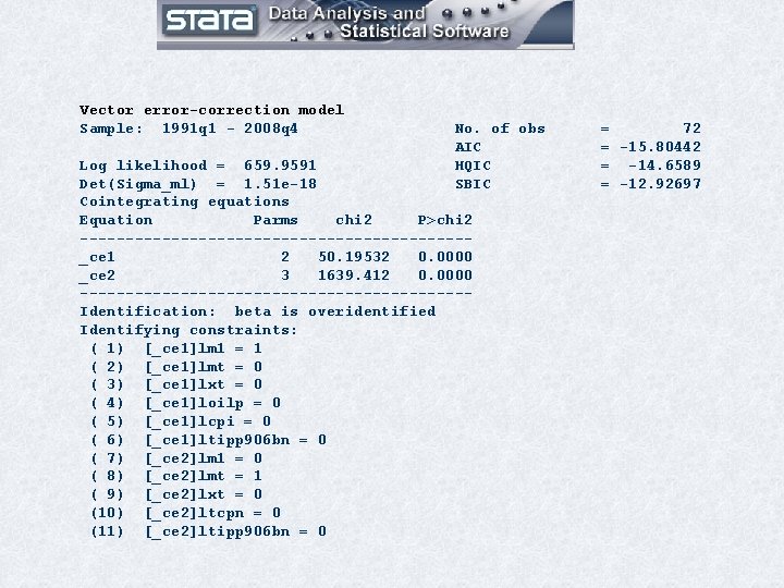Vector error-correction model Sample: 1991 q 1 - 2008 q 4 No. of obs Vector error-correction model Sample: 1991 q 1 - 2008 q 4 No. of obs
