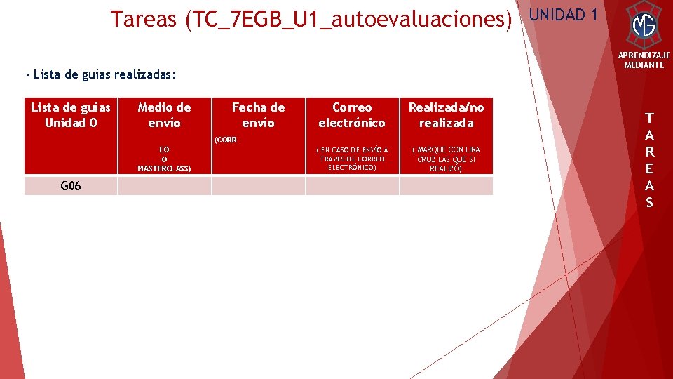 Tareas (TC_7 EGB_U 1_autoevaluaciones) APRENDIZAJE MEDIANTE · Lista de guías realizadas: Lista de guías