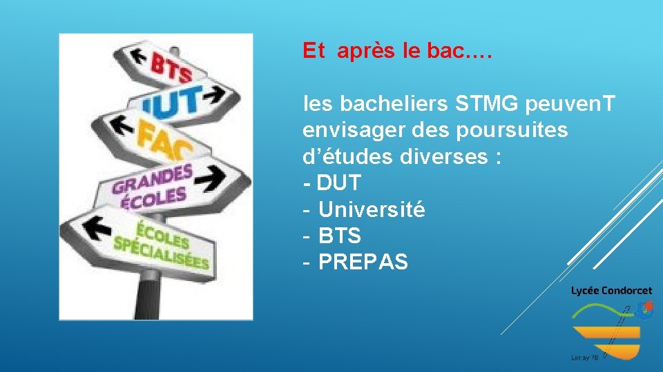 Et après le bac…. les bacheliers STMG peuven. T envisager des poursuites d’études diverses