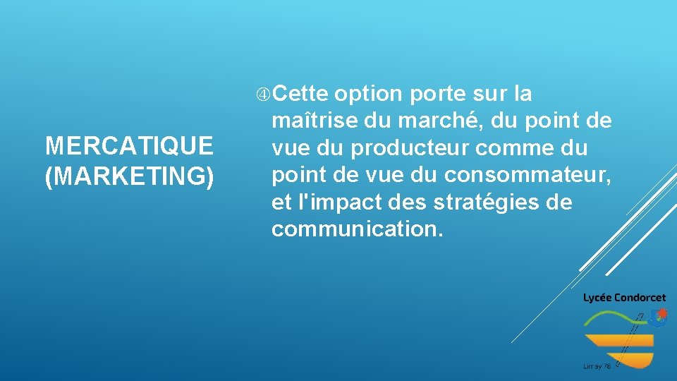  Cette MERCATIQUE (MARKETING) option porte sur la maîtrise du marché, du point de