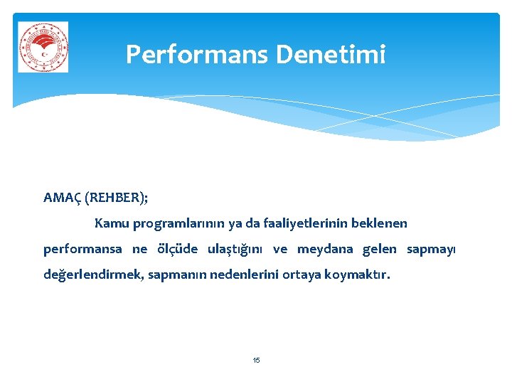 Performans Denetimi AMAÇ (REHBER); Kamu programlarının ya da faaliyetlerinin beklenen performansa ne ölçüde ulaştığını