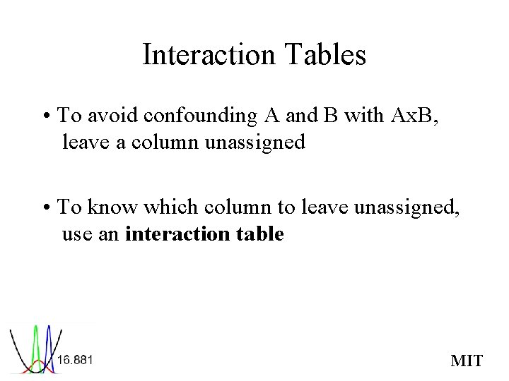 Interaction Tables • To avoid confounding A and B with Ax. B, leave a