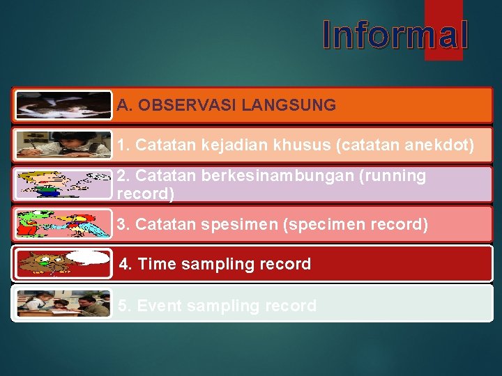Informal A. OBSERVASI LANGSUNG 1. Catatan kejadian khusus (catatan anekdot) 2. Catatan berkesinambungan (running