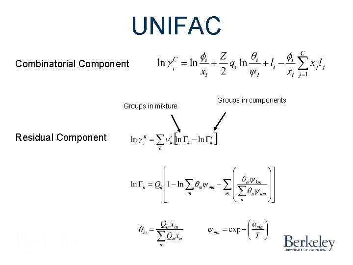 UNIFAC Combinatorial Component Groups in mixture Residual Component Groups in components 