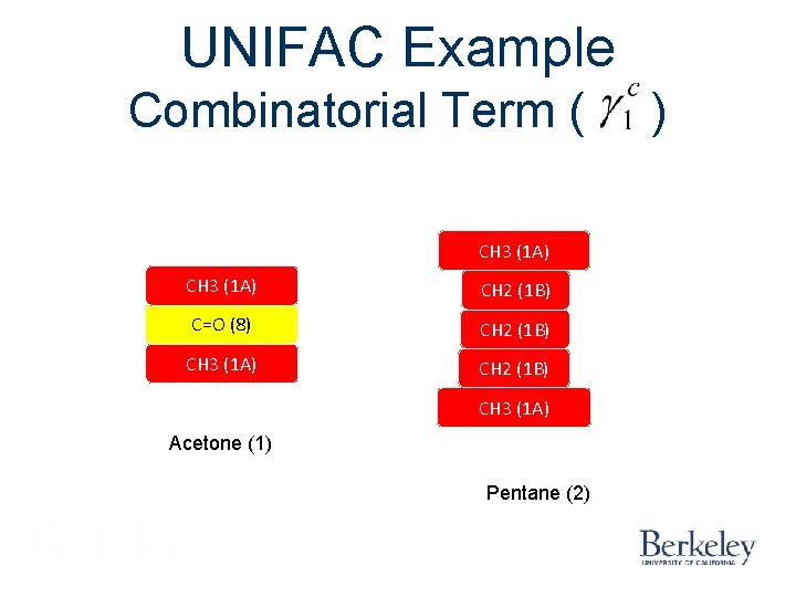 UNIFAC Example Combinatorial Term ( CH 3 (1 A) CH 2 (1 B) C=O