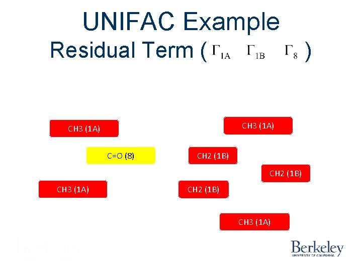 UNIFAC Example Residual Term ( ) CH 3 (1 A) C=O (8) CH 2