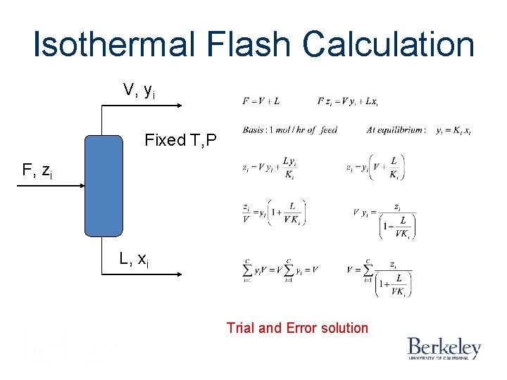 Isothermal Flash Calculation V, yi Fixed T, P F, zi L, xi Trial and