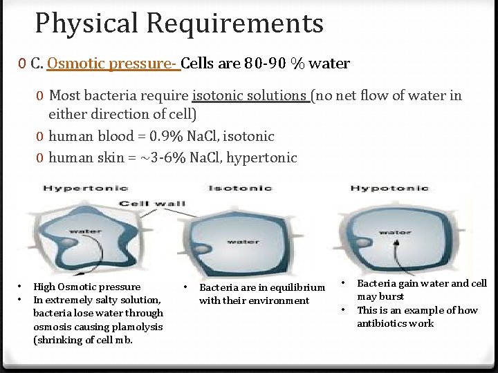 Physical Requirements 0 C. Osmotic pressure- Cells are 80 -90 % water 0 Most