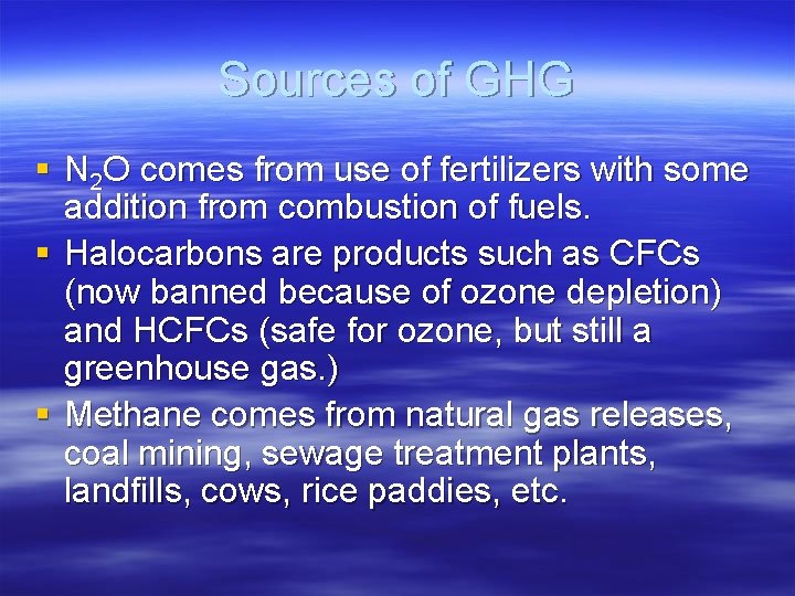 Sources of GHG § N 2 O comes from use of fertilizers with some