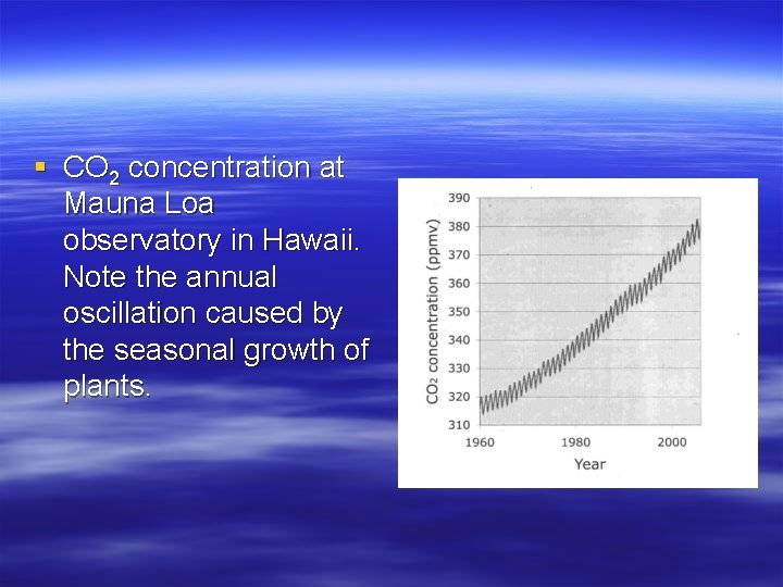 § CO 2 concentration at Mauna Loa observatory in Hawaii. Note the annual oscillation
