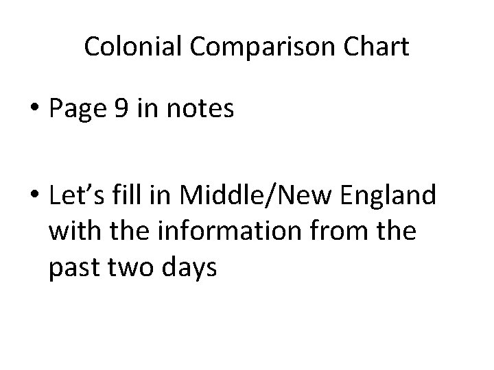 Colonial Comparison Chart • Page 9 in notes • Let’s fill in Middle/New England