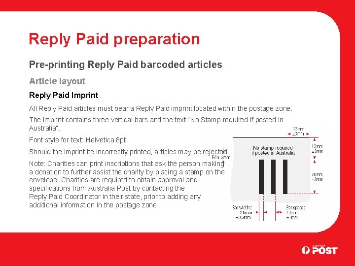 Reply Paid preparation Pre-printing Reply Paid barcoded articles Article layout Reply Paid Imprint All