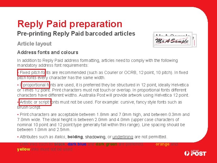 Reply Paid preparation Pre-printing Reply Paid barcoded articles Article layout Address fonts and colours