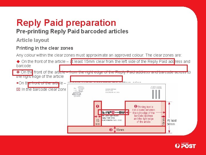 Reply Paid preparation Pre-printing Reply Paid barcoded articles Article layout Printing in the clear