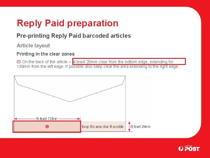 Reply Paid preparation Pre-printing Reply Paid barcoded articles Article layout Printing in the clear