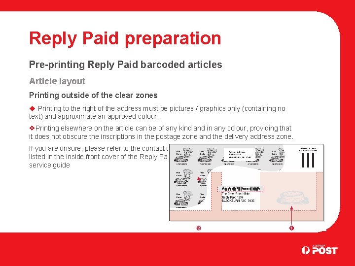 Reply Paid preparation Pre-printing Reply Paid barcoded articles Article layout Printing outside of the