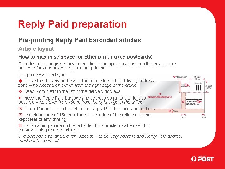 Reply Paid preparation Pre-printing Reply Paid barcoded articles Article layout How to maximise space