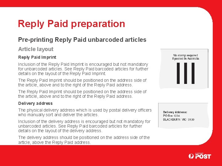 Reply Paid preparation Pre-printing Reply Paid unbarcoded articles Article layout Reply Paid Imprint Inclusion