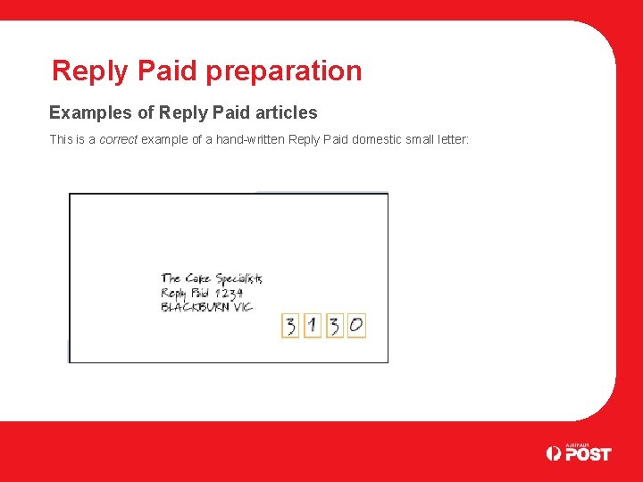 Reply Paid preparation Examples of Reply Paid articles This is a correct example of