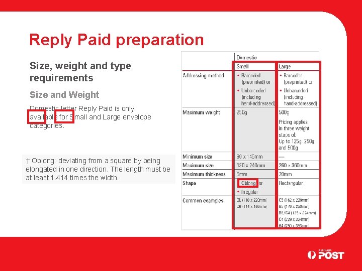Reply Paid preparation Size, weight and type requirements Size and Weight Domestic letter Reply