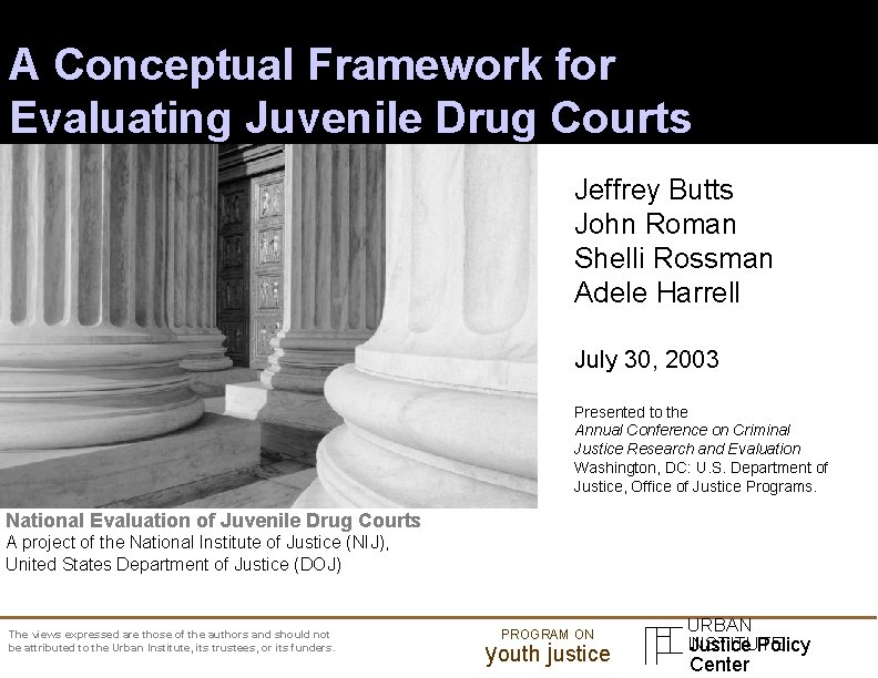 A Conceptual Framework for Evaluating Juvenile Drug Courts Jeffrey Butts John Roman Shelli Rossman