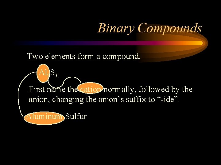 Binary Compounds Two elements form a compound. Al 2 S 3 First name the