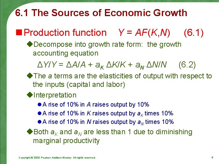 6. 1 The Sources of Economic Growth n Production function Y = AF(K, N)