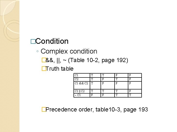 �Condition ◦ Complex condition �&&, ||, ~ (Table 10 -2, page 192) �Truth table