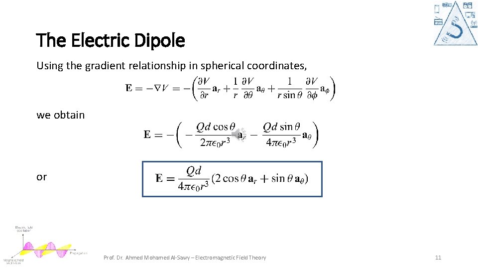 The Electric Dipole Using the gradient relationship in spherical coordinates, we obtain or Prof.
