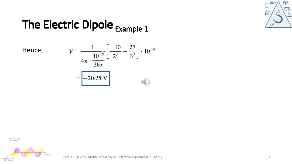 The Electric Dipole Example 1 Hence, Prof. Dr. Ahmed Mohamed Al-Sawy – Electromagnetic Field