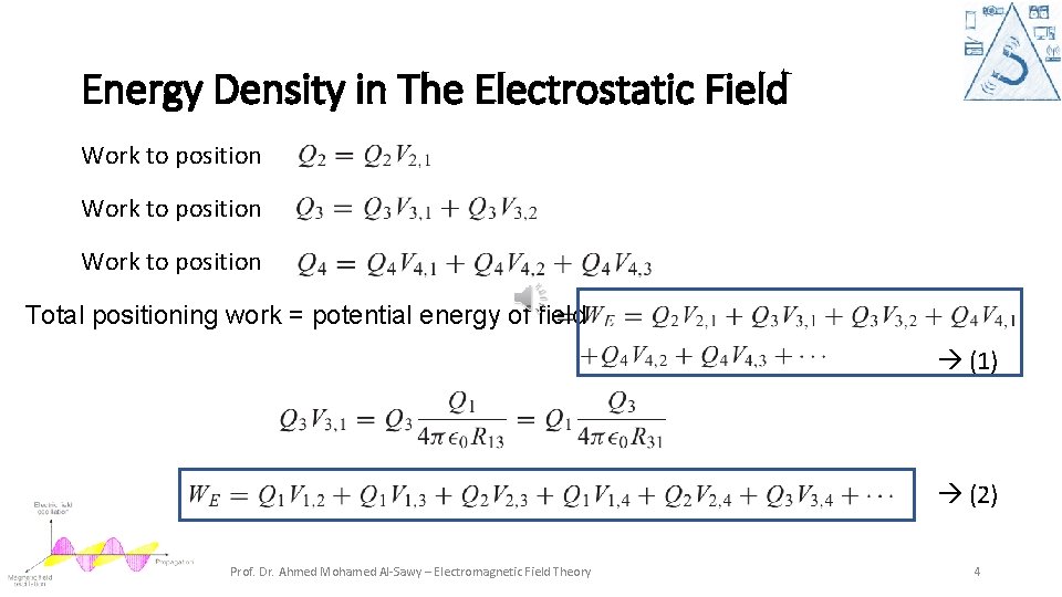 Energy Density in The Electrostatic Field Work to position Total positioning work = potential