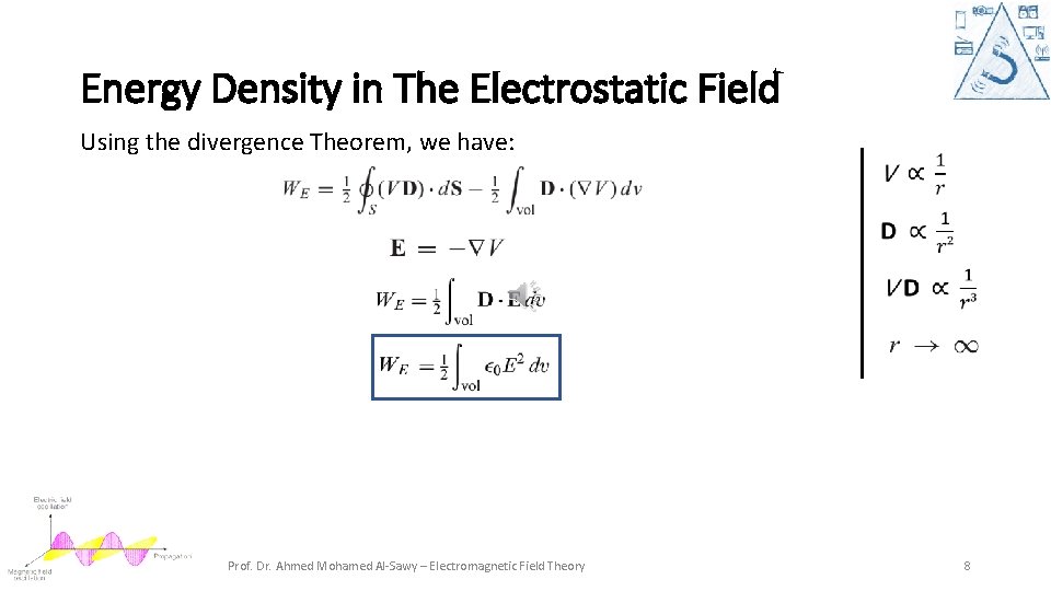Energy Density in The Electrostatic Field Using the divergence Theorem, we have: Prof. Dr.