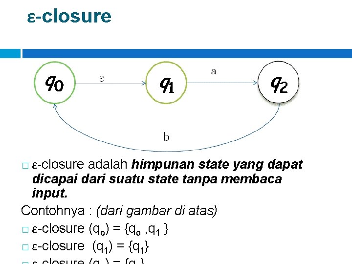 ε-closure adalah himpunan state yang dapat dicapai dari suatu state tanpa membaca input. Contohnya