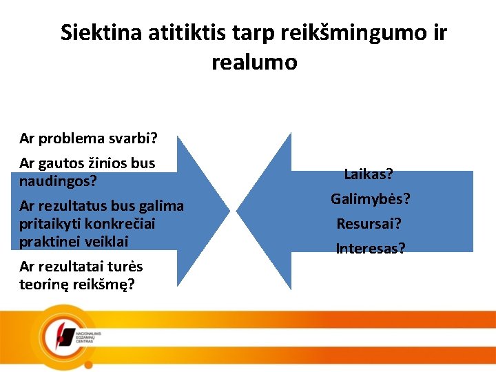 Siektina atitiktis tarp reikšmingumo ir realumo Ar problema svarbi? Ar gautos žinios bus naudingos?