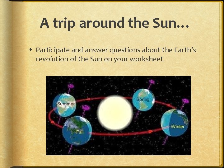 A trip around the Sun… Participate and answer questions about the Earth’s revolution of