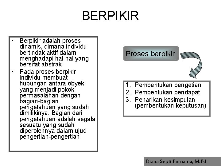 BERPIKIR • Berpikir adalah proses dinamis, dimana individu bertindak aktif dalam menghadapi hal-hal yang