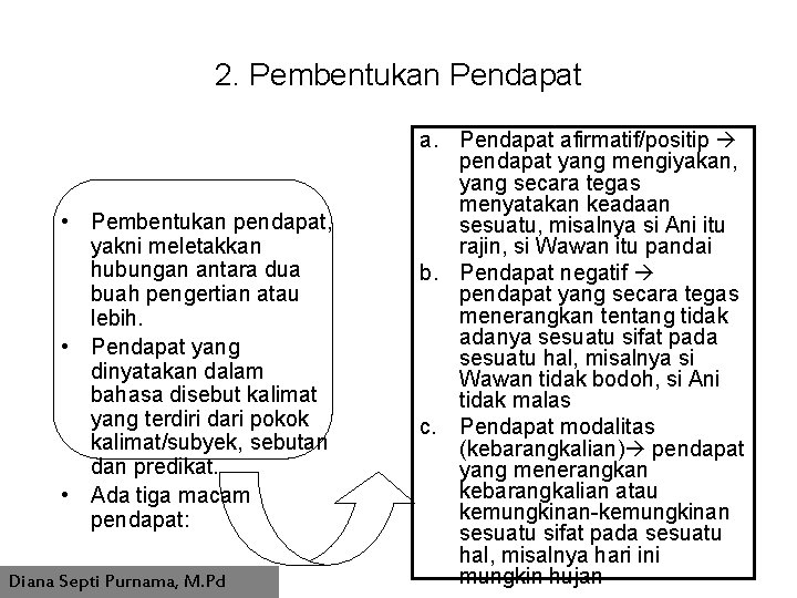 2. Pembentukan Pendapat • Pembentukan pendapat, yakni meletakkan hubungan antara dua buah pengertian atau