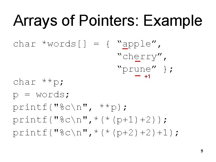 Arrays of Pointers: Example char *words[] = { “apple”, “cherry”, “prune” }; +1 char