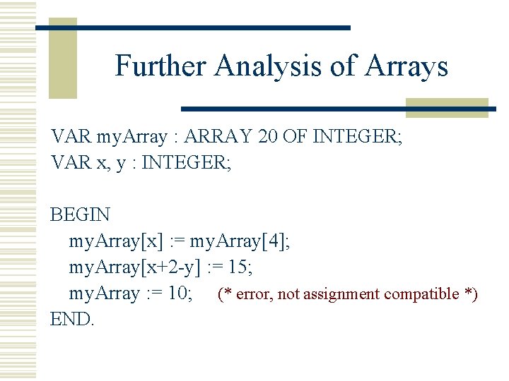 Further Analysis of Arrays VAR my. Array : ARRAY 20 OF INTEGER; VAR x,