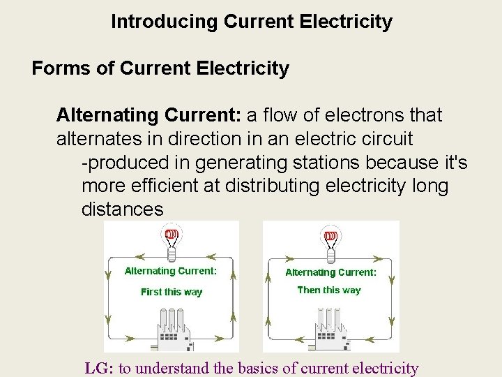 Introducing Current Electricity Forms of Current Electricity Alternating Current: a flow of electrons that Introducing Current Electricity Forms of Current Electricity Alternating Current: a flow of electrons that